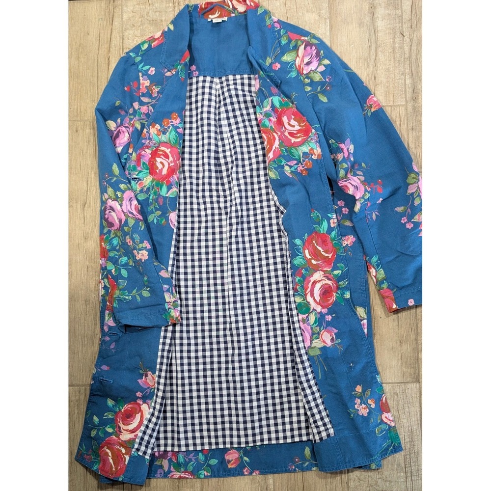 Sundance Royal Botanical Topper Coat Womens Medium Blue Floral Gingham Lining - Picture 2 of 8